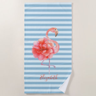Cute Floral Pink Flamingos,Striped  Beach Towel