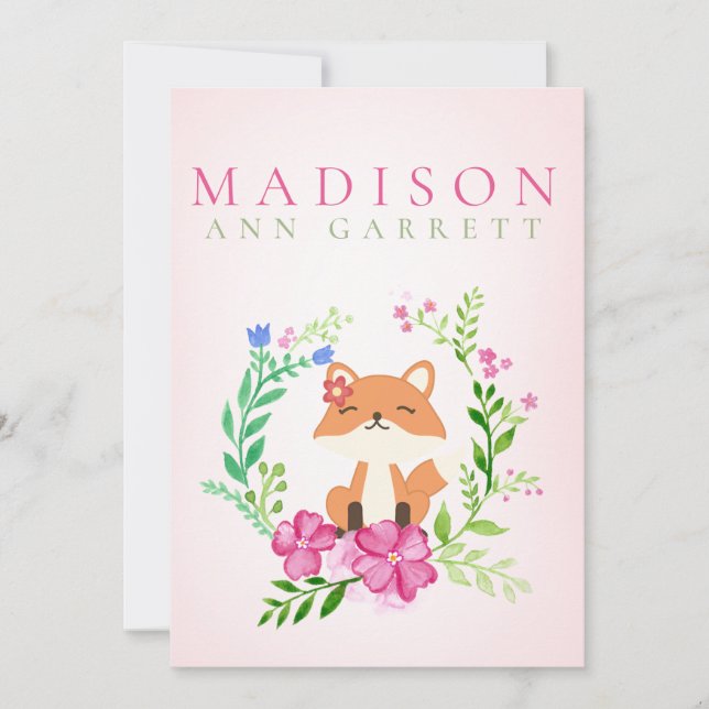 Cute floral pink fox baby girl photo birth announcement (Front)