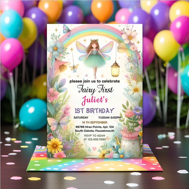 cute Floral Pink girl fairy first 1st birthday Invitation (Creator Uploaded)