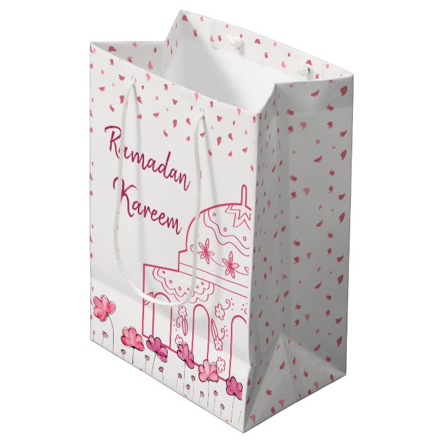 Cute Floral Pink Mosque Islamic Ramadan Kareem Medium Gift Bag (Front Angled)