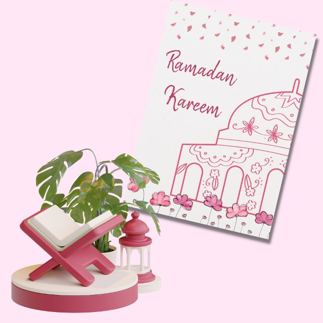 Cute Floral Pink Mosque Islamic Ramadan Mubarak Holiday Card (Creator Uploaded)