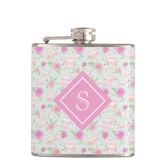 Cute Floral Pink Tea Cups Pattern Monogram Hip Flask (Front)