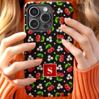 Cute Floral Polka Dot Cherries Black Monogram