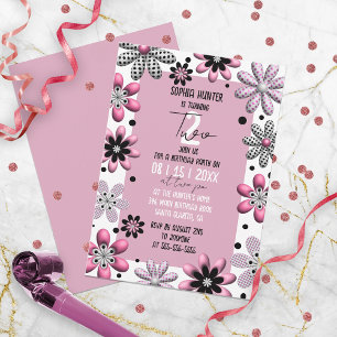 Cute Floral Polka Dot Pink Black 2nd Birthday Invitation