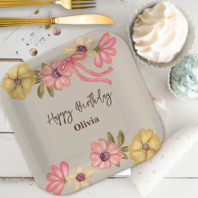 Cute Floral Pretty Flowers Pink Bow Birthday Party Paper Plate (Creator Uploaded)
