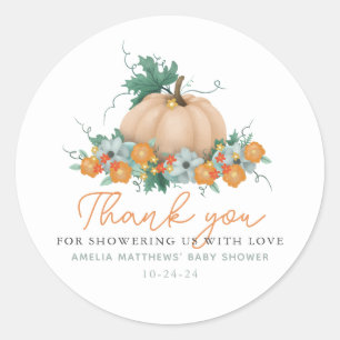Cute Floral Pumpkin Fall Thank You Baby Shower Classic Round Sticker