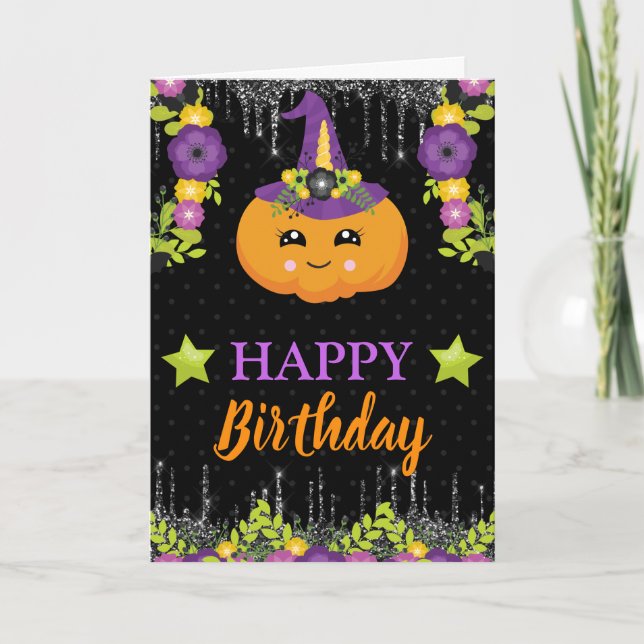 Cute Floral Pumpkin Floral Halloween Birthday Card (Front)