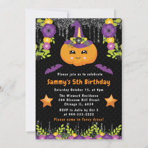 Cute Floral Pumpkin Halloween Birthday Party Invitation