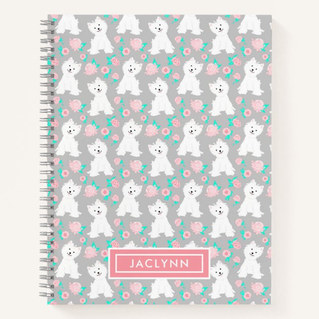 Cute Floral Puppy Pattern | Personalised | Grey Notebook (Front)