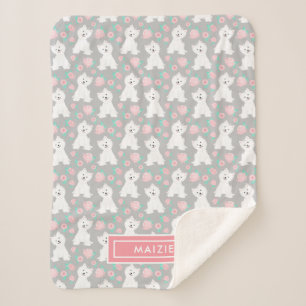 Cute Floral Puppy Pattern   Personalised Grey Sherpa Blanket