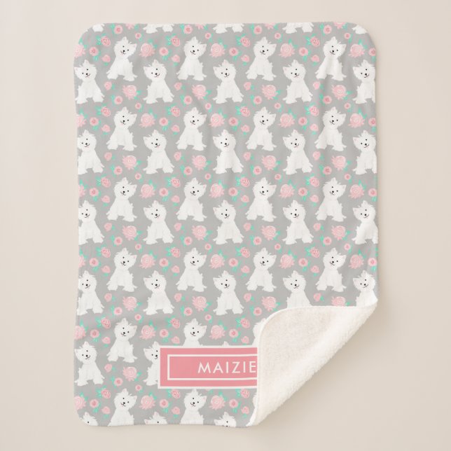 Cute Floral Puppy Pattern | Personalised Grey Sherpa Blanket (Front)