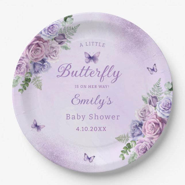 Cute Floral purple butterfly girl baby shower Paper Plate (Front)