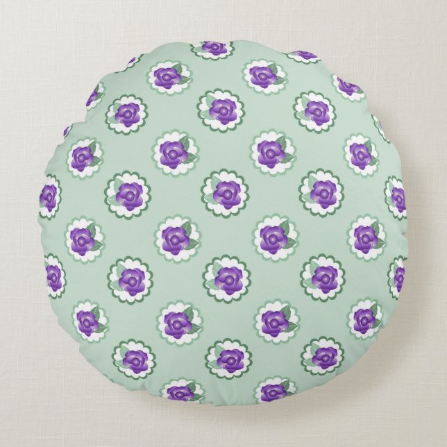 Cute Floral Purple Green Calico Pattern Round Cushion (Front)