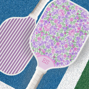 Cute floral purple stripe pink pickleball paddle