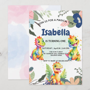 Cute Floral Rainbow Dinosaur Happy Birthday Party Invitation