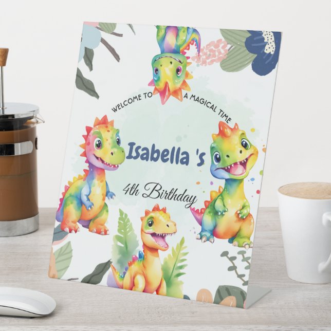 Cute Floral Rainbow Dinosaur Happy Birthday Party Pedestal Sign (In SItu)