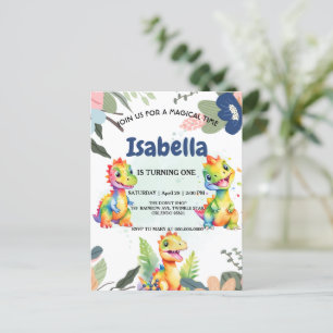 Cute Floral Rainbow Dinosaur Happy Birthday Party Postcard