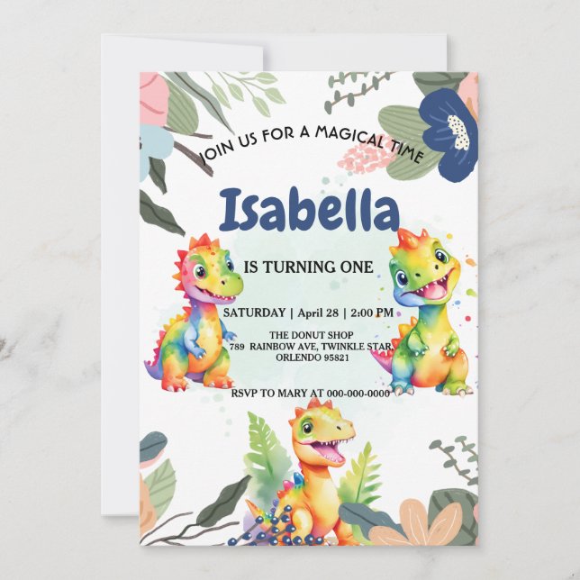 Cute Floral Rainbow Dinosaur Happy Birthday Party Save The Date (Front)