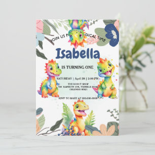 Cute Floral Rainbow Dinosaur Happy Birthday Party Thank You Card