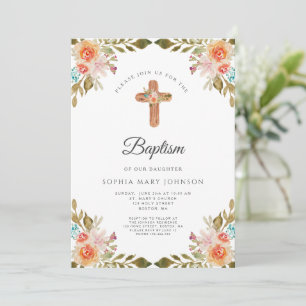 Cute Floral Religious Cross Girl Baptism  Invitation