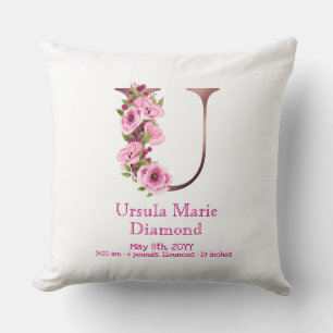 Cute Floral Rose Gold U Monogram Birth Stats Cushion