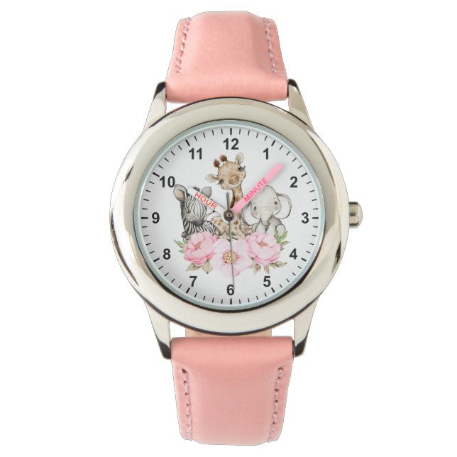 Cute Floral Safari Jungle Animals Girl's First Watch (Front)