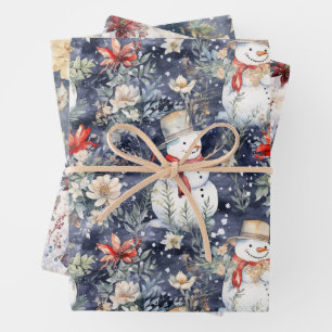 Cute Floral Scene Winter Snowmen Blue Watercolor Wrapping Paper Sheet