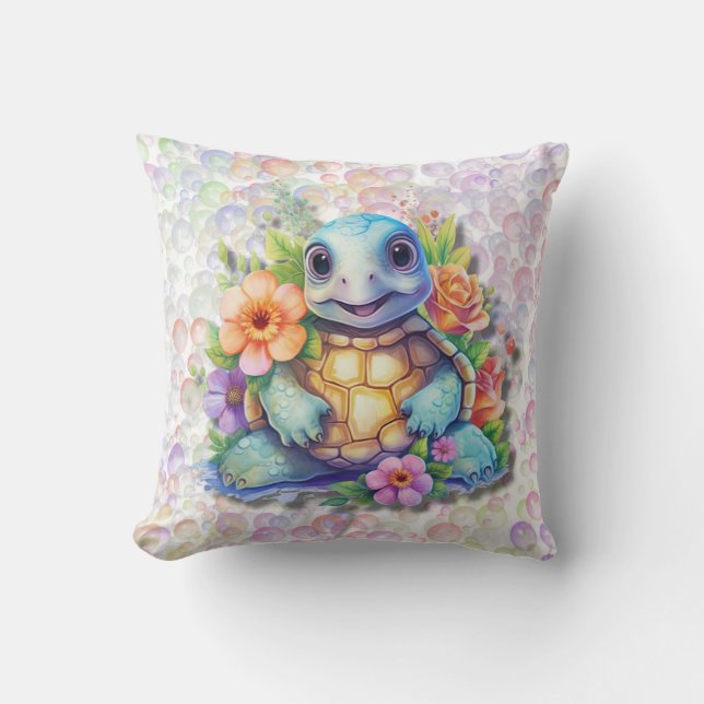Cute Floral Sea Turtle And Bubbles Baby Nursey Cushion (Front)