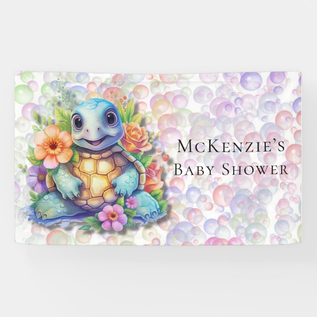 Cute Floral Sea Turtle And Bubbles Baby Shower Banner (Horizontal)