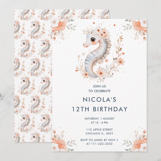 Cute Floral Seahorse Birthday Party Invitation (Front/Back)