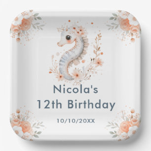 Cute Floral Seahorse Birthday Party Paper Plate