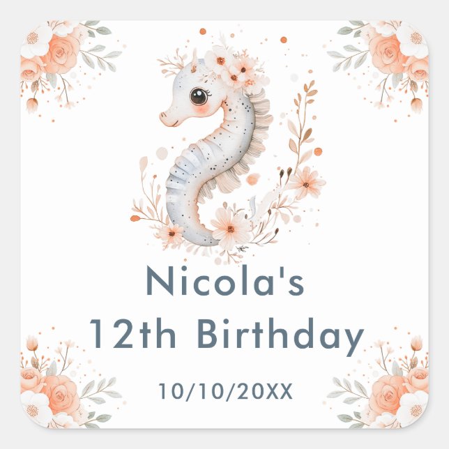 Cute Floral Seahorse Birthday Party Square Sticker (Front)