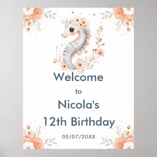 Cute Floral Seahorse Birthday Party Welcome Poster