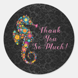 Cute Floral Seahorse Thank You Text Design Classic Round Sticker