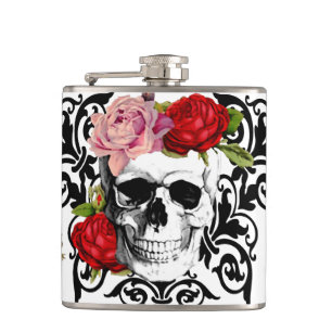 cute floral skull hip flask