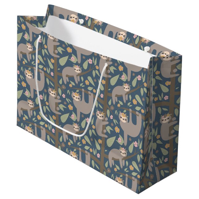 Cute Floral Sloth Pattern Large Gift Bag (Front Angled)