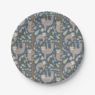 Cute Floral Sloth Pattern Paper Plate