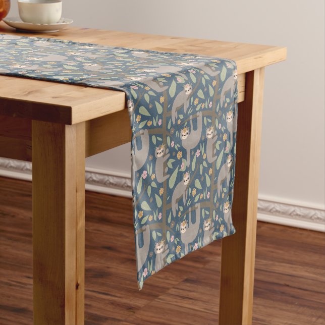 Cute Floral Sloth Pattern Short Table Runner (In Situ)