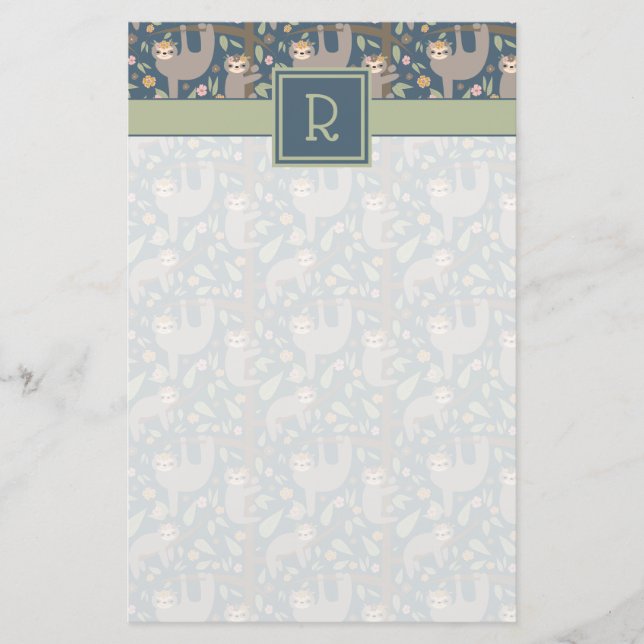 Cute Floral Sloth Pattern Stationery (Front)