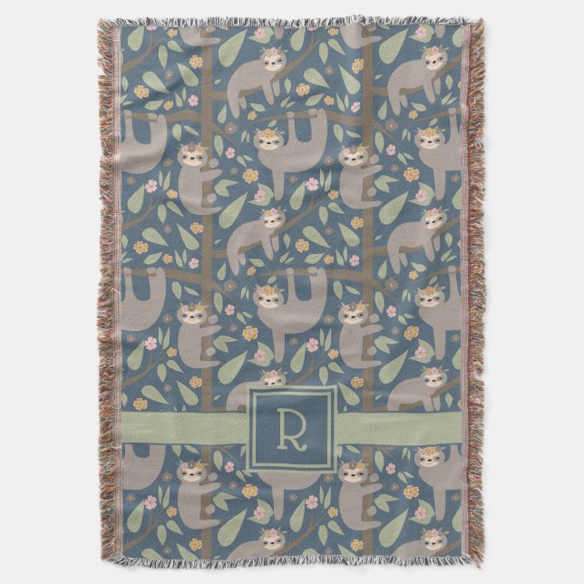 Cute Floral Sloth Pattern Throw Blanket (Front Vertical)
