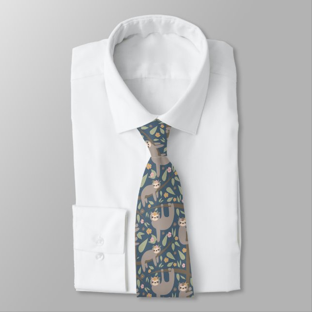 Cute Floral Sloth Pattern Tie (Tied)