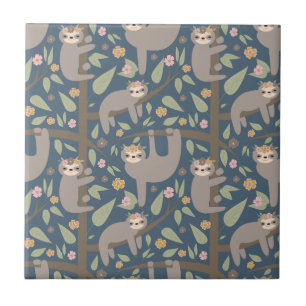 Cute Floral Sloth Pattern Tile