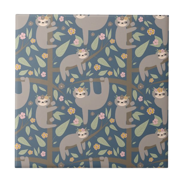 Cute Floral Sloth Pattern Tile (Front)
