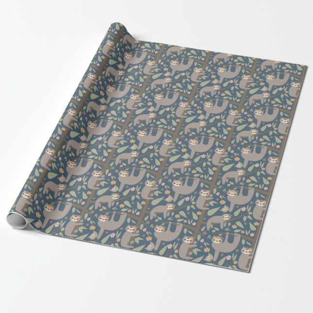 Cute Floral Sloth Pattern Wrapping Paper (Unrolled)