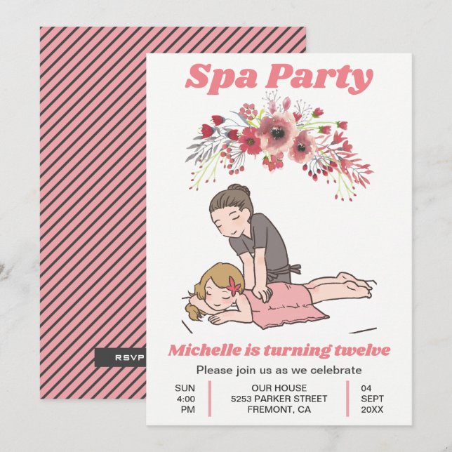 Cute Floral Spa Girls Birthday Party Invitation (Front/Back)