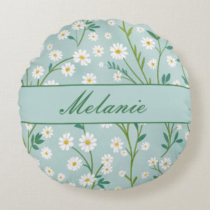 Cute Floral Spring Daisy Green Personalized Round Cushion