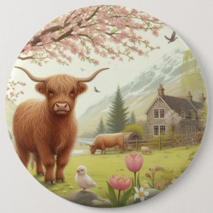 Cute, floral/spring highland cow 6 cm round badge