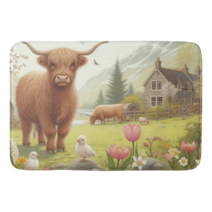 Cute, floral/spring highland cow bath mat
