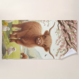 Cute, floral/spring highland cow beach towel