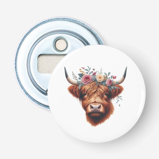 Cute, floral/spring highland cow bottle opener (Front)